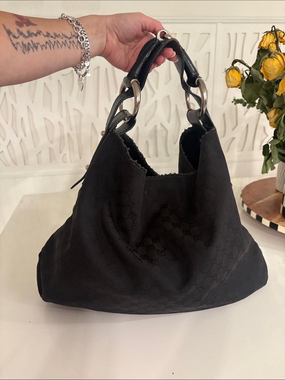 Authentic Gucci Black Canvas Horsebit Ring Hobo Shoulder Bag (Large) - Picture 1 of 12